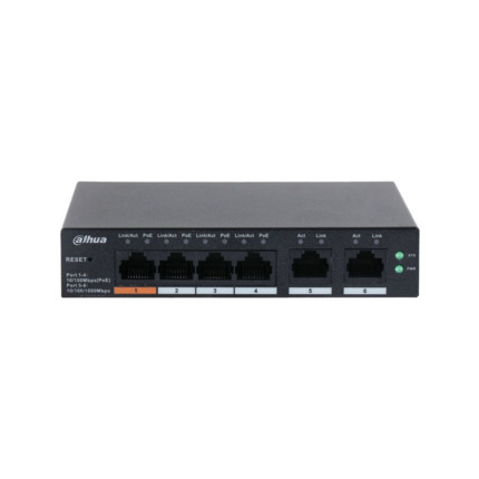Comprar Dahua DAHUA-4239 DH-CS4006-4ET-60 Switch Dahua gestionable Layer2 en la nube. 4 puertos PoE Fast Ethernet. 2 puertos RJ45 Uplink Gigabit. Direcciones MAC 8K. Gestión de consumo PoE. Admite PoE inteligente. Gestión en la nube mediante plataforma D