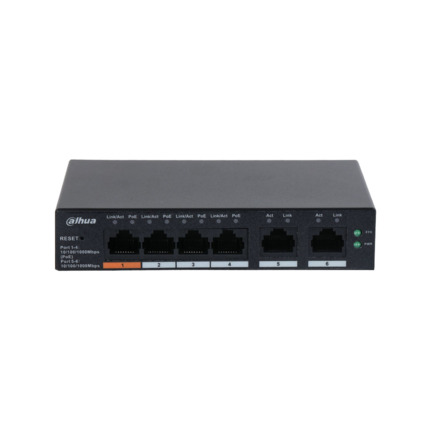 Comprar Dahua DAHUA-4246 DH-CS4006-4GT-60 Switch Dahua gestionable Layer2 en la nube. 4 puertos PoE Gigabit. 2 puertos RJ45 Uplink Gigabit. Direcciones MAC 8K. Gestión de consumo PoE. Admite PoE inteligente. Entrega PoE total de 60W. Gestión en la nube m