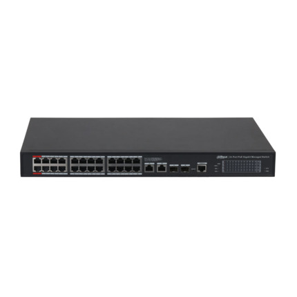 Comprar Dahua DAHUA-4427 DH-S4228-24GT-360 Switch PoE Dahua gestionable L2. 24 PoE Gigabit + 2 RJ45 Gigabit + 2 SFP Gigabit. Capacidad de direcciones MAC de 8K. Los puertos PoE 1 y 2 admiten 90W. Entrega PoE total de 360W. Modo CCTV (Cat5 hasta 250m a 10