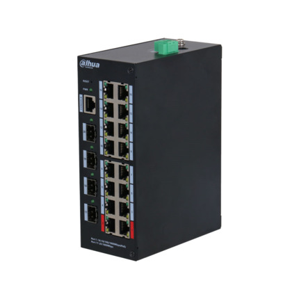 Comprar Dahua DAHUA-4429 DH-HS4420-16GT-190 Switch Industrial Gestionable (L2) Dahua. 16 puertos PoE Gigabit. 2 puertos Uplink SFP Gigabit. 1 puerto consola. Los puertos PoE 1 y 2 admiten 90W. Entrega PoE total de 190W. Transmisión PoE de larga distancia