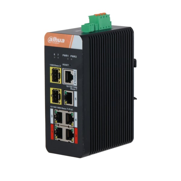 Dahua DAHUA-4430 DH-IS4207-4GT-120 Switch Industrial Gestionable (L2) Dahua. 4 puertos PoE Gigabit. 1 puerto RJ45 Gigabit. 2 pue