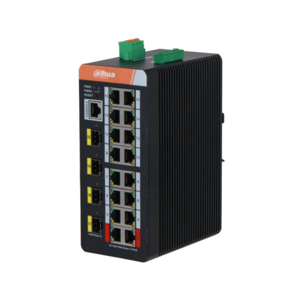 Comprar Dahua DAHUA-4452 IS4420-16GT-240 Switch Industrial Gestionable (L2) Dahua. 16 puertos PoE Gigabit. 4 puertos SFP Gigabit. 1 puerto consola. Los puertos PoE 1 y 2 admiten 90W. Entrega PoE total de 240W. Transmisión PoE de larga distancia de 250 m