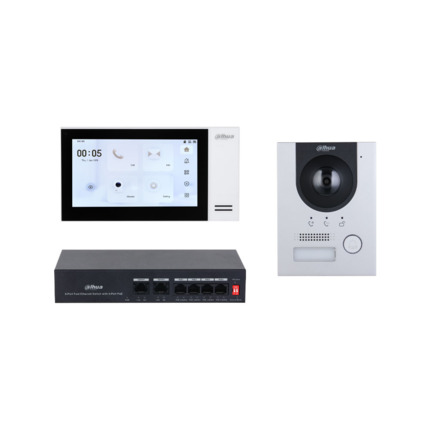 Comprar Dahua DAHUA-4669 DHI-KTP01L(F) <strong>Kit de videoportero IP Dahua compuesto por:</strong>. 1x videoportero IP DHI-VTO2201F-P-S2. 1x monitor IP VTH2421FW-P. 1x switch PoE de 4 puertos.
