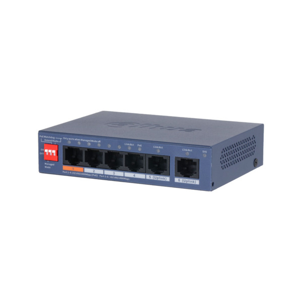 Dahua DAHUA-4963 DH-CS4006-4GT-60-V2 Switch PoE Dahua Serie CS4000. 6 puertos Gigabit, de los cuales 4 son PoE con entrega PoE t