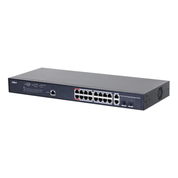 Dahua PFS4218-16GT-130 Switch PoE 2.0 16 puertos Gigabit + 2 Combo Gigabit RJ45/SFP Uplink 130W Manejable Layer2