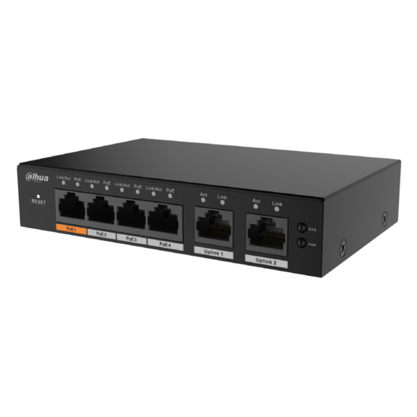 Dahua S4100-4GT2GT-60-C Switch PoE 2.0 4 puertos Gigabit + 2RJ45 Uplink Gigabit 60W Manejable en Cloud Layer2