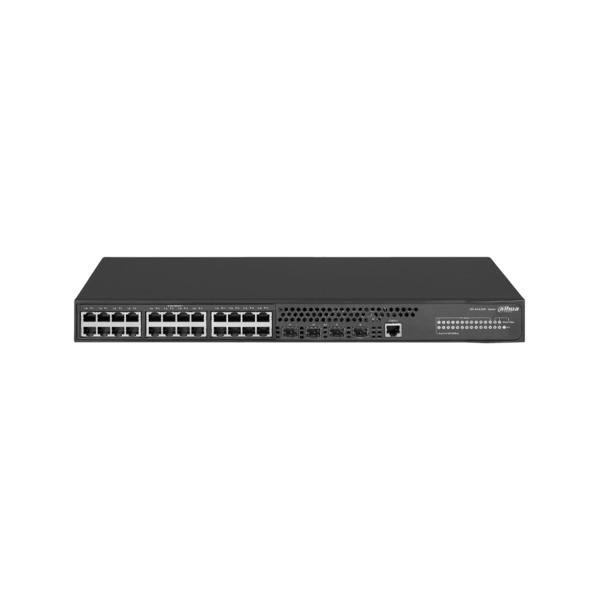 Switch Dahua gestionable L2+. 24 puertos Ethernet Gigabit. 4 puertos SFP Gigabit. 1 puerto consola. Direcciones MAC 8K. Agregaci