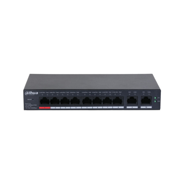 Switch Dahua gestionable Layer2 en la nube. 8 puertos PoE Fast Ethernet. 2 puertos RJ45 Uplink Gigabit. Direcciones MAC 8K. Gest