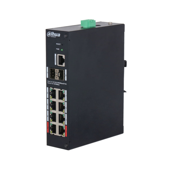 Switch Industrial Gestionable (L2) Dahua. 8 puertos PoE Gigabit. 2 puertos uplink SFP Gigabit. 1 puerto consola. Los puertos PoE