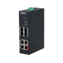 Switch Industrial Gestionable (L2) Dahua. 4 puertos PoE 100Mbps. 4 puertos uplink SFP Gigabit. El puerto 1 admite 60W. Entrega P