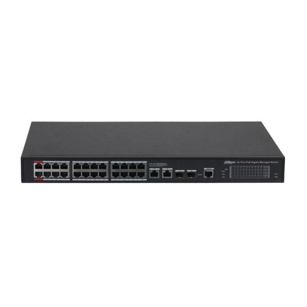 Switch PoE Dahua gestionable L2. 24 PoE Gigabit + 2 RJ45 Gigabit + 2 SFP Gigabit. Capacidad de direcciones MAC de 8K. Los puerto