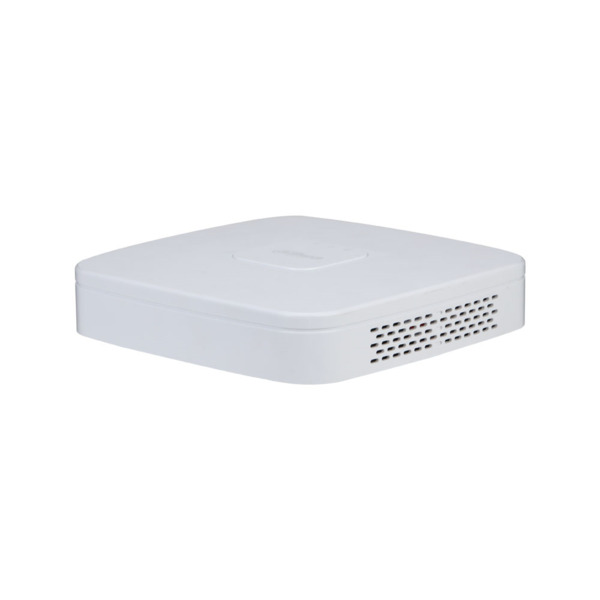 NVR IP Dahua de 4 canales. Formato Smart H.265+/Smart H.264+. 80/60Mbps de entrada/salida. Salidas HDMI (4K) y VGA (1080P) simul