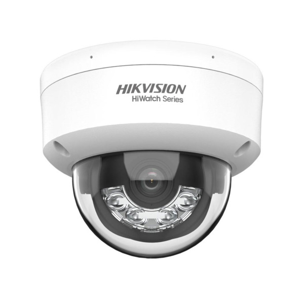 Domo IP HiWatchT de HIKVISION®. 2MP@25/30ips, H.265+/H.265. ICR, 0,005 lux, Smart Dual Light 30m. Óptica fija de 2,8 mm. WDR dig