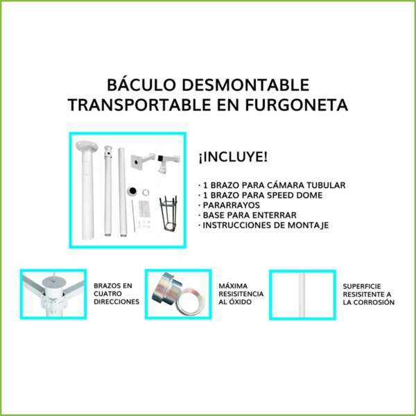 Global KIT-BACULO-45-GRIS Báculo desmontable de 4,5m de altura en acero galvanizado de color gris con soporte para cámara y spee (1)