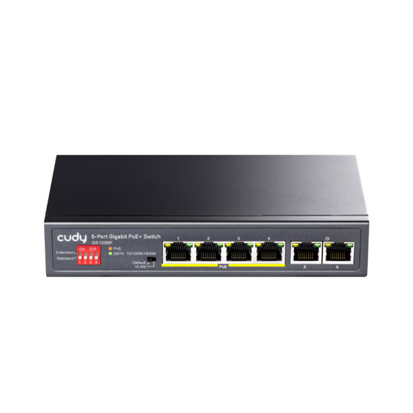 Switch PoE+ Cudy de 6 puertos Gigabit. 4 puertos PoE+ Gigabit. 2 puertos RJ45 Gigabit Uplink. Cumple con IEEE802.3, IEEE 802.3u,