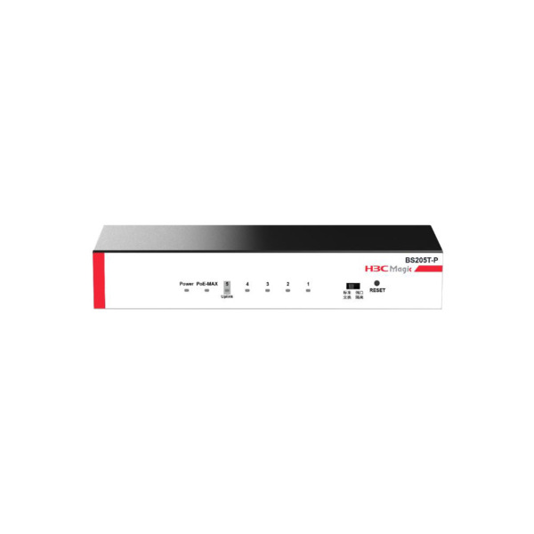 H3C H3C-8 BS205T-P Switch PoE H3C Magic BS205T-P. 4 puertos PoE+ Gigabit. 1 puerto Uplink RJ45 Gigabit. Modos de trabajo estánda