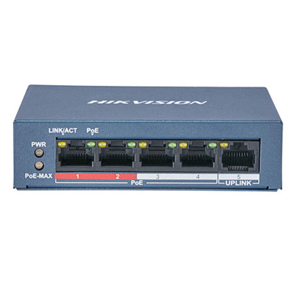 Comprar HIKVISION BASIC DS-3E0105P-E/M Switch PoE+ de 4 puertos 100Mbps (4 puerto PoE+ extendido 250m) + 1 uplink 100Mbps, no gestionable, PoE 30W. PoE Máximo 35W.