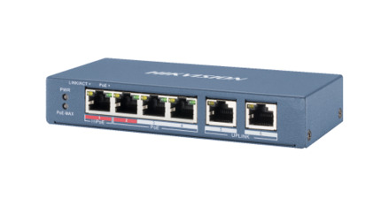 Comprar DS-3E0106HP-E Switch PoE+ de 4 puertos de cobre 10/100 (4 puertos PoE+ extendido 250m) + 2 puertos 10/100. PoE 60 W máx. Boca 1 HiPoE resto PoE+. L2. Sin gestión.
