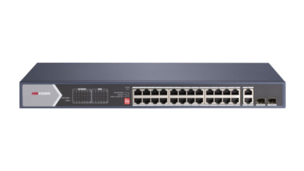 Comprar DS-3E0528HP-E Switch PoE de 24 puertos de cobre 10/100/1000 (4 puertos Hi-PoE + 24 PoE+) + 2 cobre 1Gb + 2 SFP 1Gb. 21-24 extendido 300m. PoE 370W máx.Sin gestión