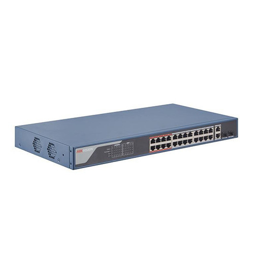 HIKVISION BASIC DS-3E1326P-EI Switch PoE+ de 24 puertos 10/100Mbps + 2 puertos combo SFP 1000Mbps, modo extendido 250m (10Mbps),