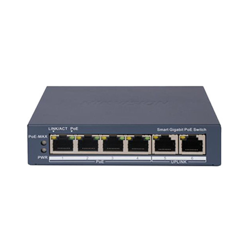 HIKVISION BASIC DS-3E1506P-EI Switch PoE de 4 puertos de cobre 10/100/1000 + 2 RJ45 Gigabit. PoE 60W máx (30W x puerto). Gestion