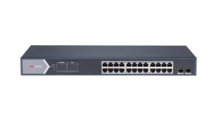 Comprar DS-3E1526P-SI Switch PoE de 24 puertos de cobre 10/100/1000 (puertos PoE+ at/af extendido 300m) + 2 SFP Gigabit. PoE 370W máx (30W x puerto). Gestionable web.