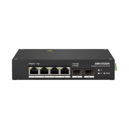 Comprar HIKVISION BASIC DS-3T0506HP_NOPWUNIT Switch industrial 4 puertos PoE+ (HiPoE) cobre Gb + 2 FO Gb SFP. Hi-PoE 60W(1), PoE+ 30W(2-4) Max 110W. Dist extend 300m (3-4).Sin Gest. FA 48Vdc n.i.