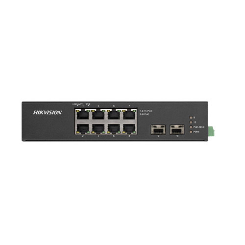 HIKVISION BASIC DS-3T0510HP_NOPWUNIT Switch industrial 8 puertos PoE+(HiPoE) cobre Gb + 2 FO Gb SFP. Hi-PoE 60W(1-2), PoE+ 30W(3