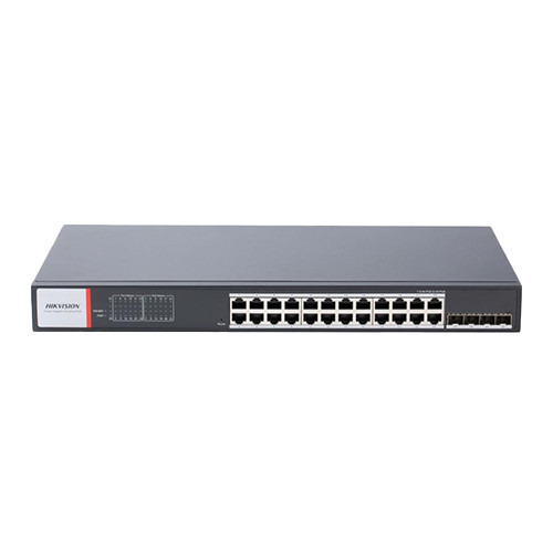 HIKVISION BASIC DS-3T1528HP-SI-24P4F Switch industrial de 24 puertos PoE+ 10/100/1000 Mbps + 4 FO Gigabit, HiPoE 90W: 1-4, PoE+