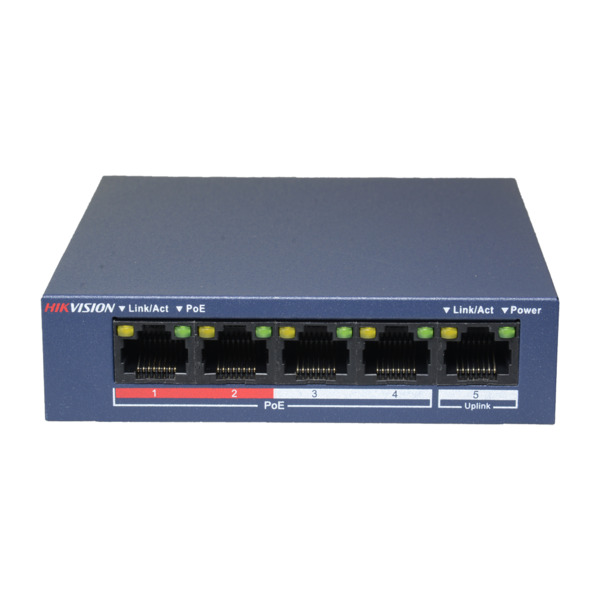 HIKVISION DS-3E0105P-E/M(B) Switch de sobremesa Hikvision - 4 puertos PoE + 1 puerto Uplink (RJ45) - Velocidad 10/100 Mbps - Has