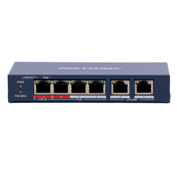 HIKVISION DS-3E0106HP-E Switch PoE Hikvision - 4 puertos 10/100 Mbps PoE + 2 Uplink  10/100Mbps - 1 Puerto PoE++ 802.3af/at/bt - (1)