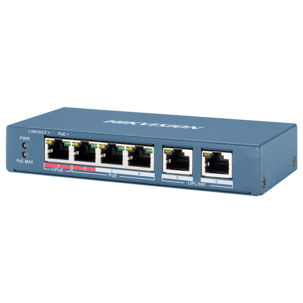 HIKVISION DS-3E0106HP-E Switch PoE Hikvision - 4 puertos 10/100 Mbps PoE + 2 Uplink 10/100Mbps - 1 Puerto PoE++ 802.3af/at/bt -