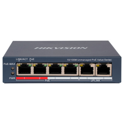 Comprar HIKVISION DS-3E0106P-E/M(B) Switch de sobremesa Hikvision - 4 puertos PoE + 2 puerto Uplink (RJ45) - Velocidad 10/100 Mbps - Hasta 45W en total para todos los puertos - Compatible con PoE IEEE802.3af/at
