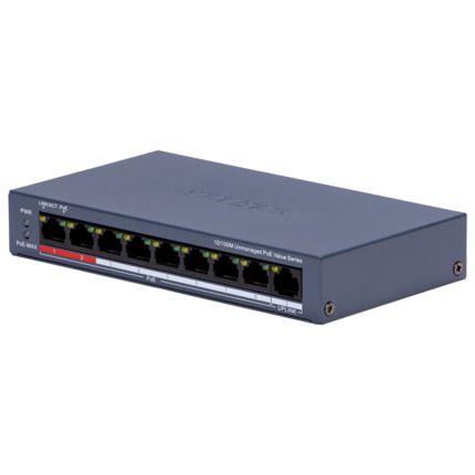 Comprar HIKVISION DS-3E0109P-E/M(C) Switch de sobremesa Hikvision - 8 puertos PoE + 1 puerto Uplink (RJ45) - Velocidad 10/100 Mbps - Hasta 80W en total para todos los puertos - Compatible con PoE IEEE802.3af/at
