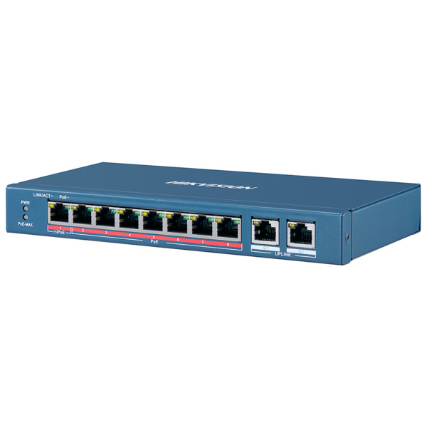 HIKVISION DS-3E0310HP-E Switch PoE Hikvision - 8 puertos 10/100 Mbps PoE + 2 Gigabit RJ45 - 1 Puerto PoE+ 802.3af/at - Hasta 110