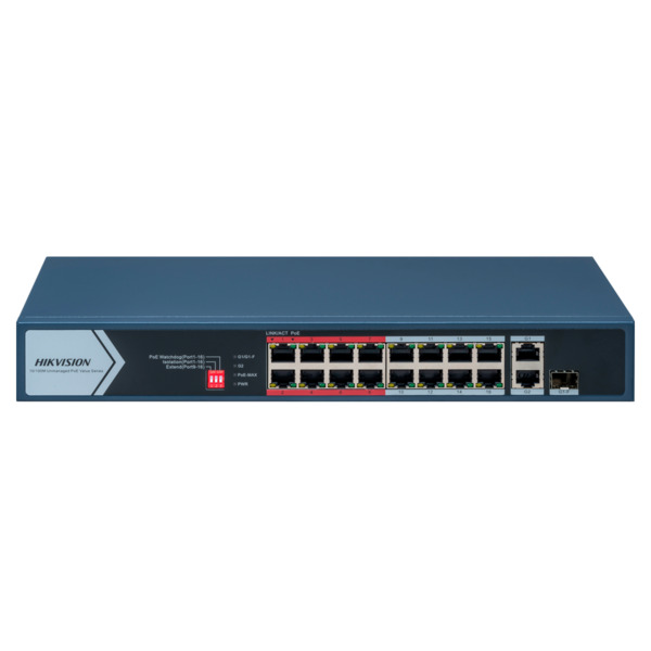 HIKVISION DS-3E0318P-E/M(C) Switch PoE Hikvision - 16 puertos RJ45 FE + 2 puertos Gigabit RJ45/SFP - 16 Puertos PoE+ 802.3af/at