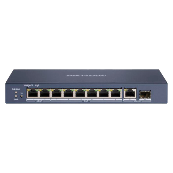 HIKVISION DS-3E0510HP-E Switch Hi-PoE Hikvision  - 8 puertos PoE + 1 Uplink RJ45 + 1 Uplink SFP - Velocidad de puertos Gigabit 1