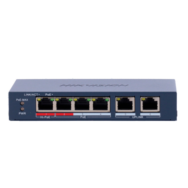 HIKVISION DS-3E1106HP-EI Hikvision HiPoE Switch Gestionable - 4 puertos PoE 802.3af/at + 2 Uplink RJ45 - 4 RJ45 10/100Mbps + 2 R (1)