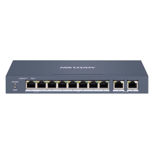 HIKVISION DS-3E1310HP-EI Hikvision HiPoE Switch Gestionable - 8 puertos PoE 802.3af/at + 2 Uplink RJ45 - 8 RJ45 10/100 Mbps + 2