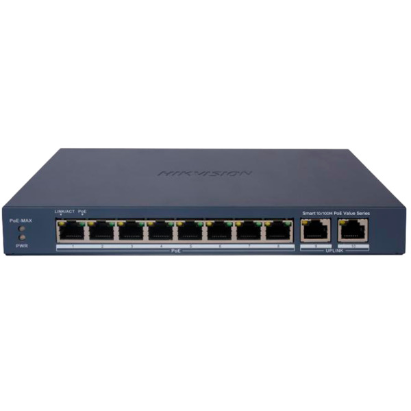 HIKVISION DS-3E1310P-EI/M Hikvision PoE Switch Gestionable - 8 puertos PoE 802.3af/at + 2 Uplink RJ45 - 8 RJ45 10/100 Mbps + 2 R