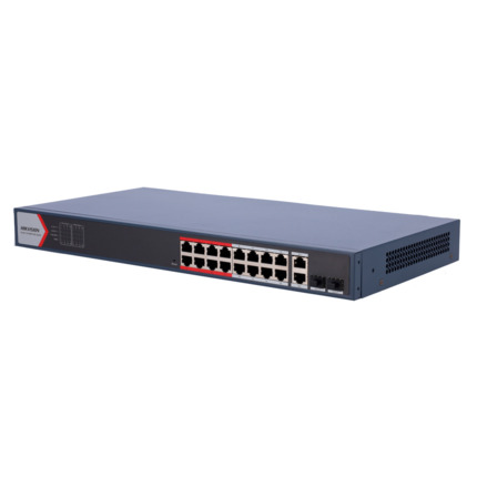 Comprar HIKVISION DS-3E1318P-EI(B) Switch PoE Hikvision - 16 puertos RJ45 FE + 2 puertos Gigabit RJ45/SFP - 16 Puertos PoE+ 802.3af/at - Hasta 230w de Potencia PoE Total - PoE Extendido / PoE Watchdog / Port Isolation - Instalación en rack/pared/sobremes