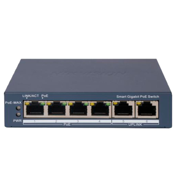 HIKVISION DS-3E1506P-EI Hikvision Gigabit PoE Switch Gestionable - 4 puertos PoE 802.3af/at + 2 Uplink RJ45 - 4 RJ45 10/100/1000