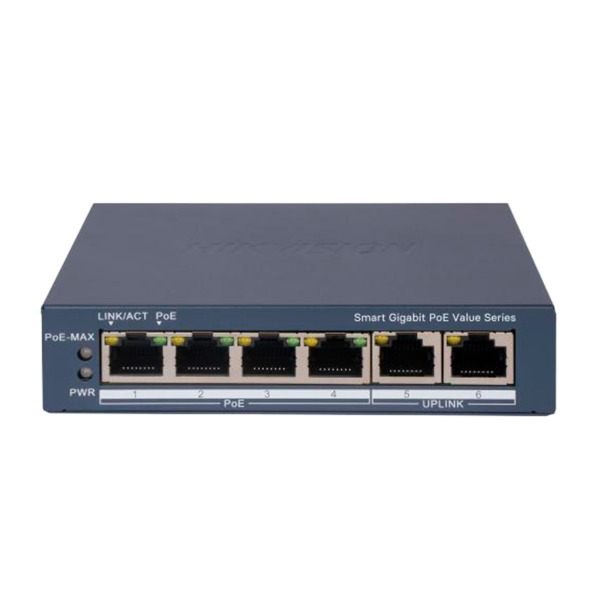 HIKVISION DS-3E1506P-EI/M Hikvision Gigabit PoE Switch Gestionable - 4 puertos PoE 802.3af/at + 2 Uplink RJ45 - 4 RJ45 10/100/10
