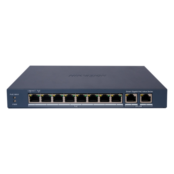 HIKVISION DS-3E1510P-EI/M Hikvision PoE Switch Gestionable - 8 puertos PoE 802.3af/at + 2 Uplink RJ45 - 8 RJ45 10/100/1000 Mbps