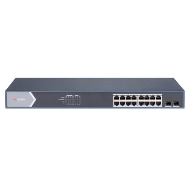 HIKVISION DS-3E1518P-SI Switch PoE Hikvision - 16 puertos RJ45 GE + 2 puertos Gigabit SFP - 16 Puertos PoE+ 802.3af/at - Hasta 2