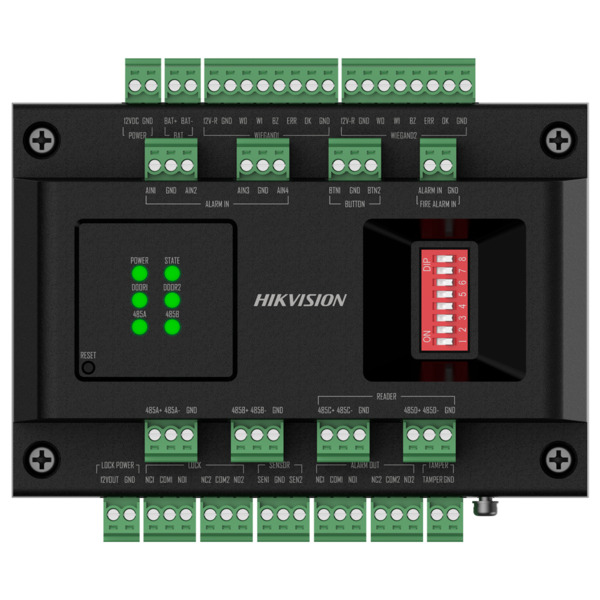 HIKVISION DS-K2M002X Controladora de acceso extensora - Facial, huella, tarjeta, QR o PIN - 2 puertas | Comunicación RS485 - 2 l (1)