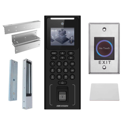 Comprar HIKVISION DS-KAS321 Kit de control de acceso - Facial, huella, tarjeta MF y PIN - Autónomo, ventosa, perfil, pulsador y tarjeta - 2.4" TFT | Controladora integrada - Montaje sobre superficie - iVMS-4200 | Hik-Connect