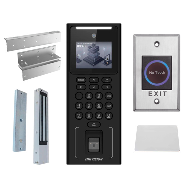 HIKVISION DS-KAS321 Kit de control de acceso - Facial, huella, tarjeta MF y PIN - Autónomo, ventosa, perfil, pulsador y tarjeta