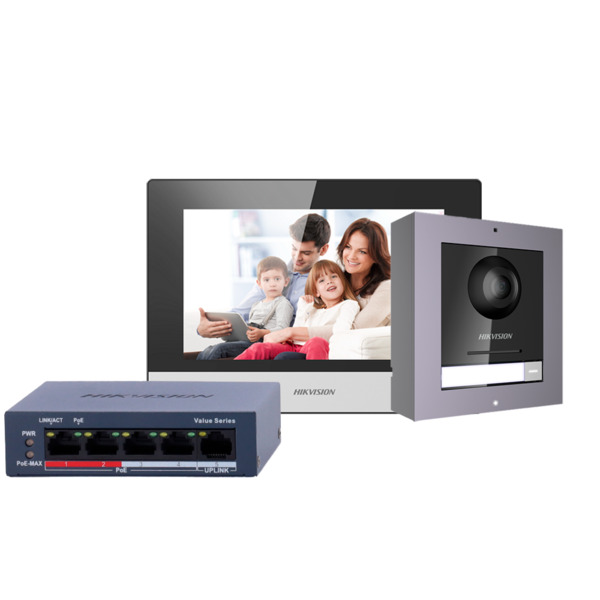 HIKVISION DS-KIS602(B) Kit de videoportero - Tecnología IP & WiFi | Switch PoE - Placa y monitor | Permite 16 monitores más