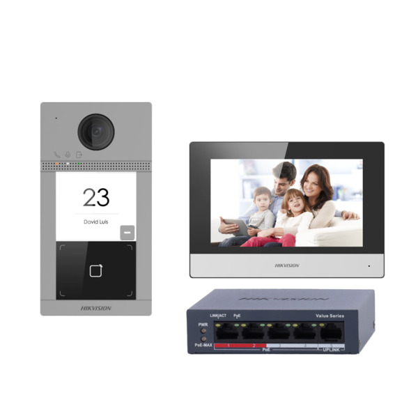 HIKVISION DS-KIS604-S(C) Kit de videoportero con dos relés - Tecnología IP & WiFi | Switch PoE - Placa y monitor | Permite 1